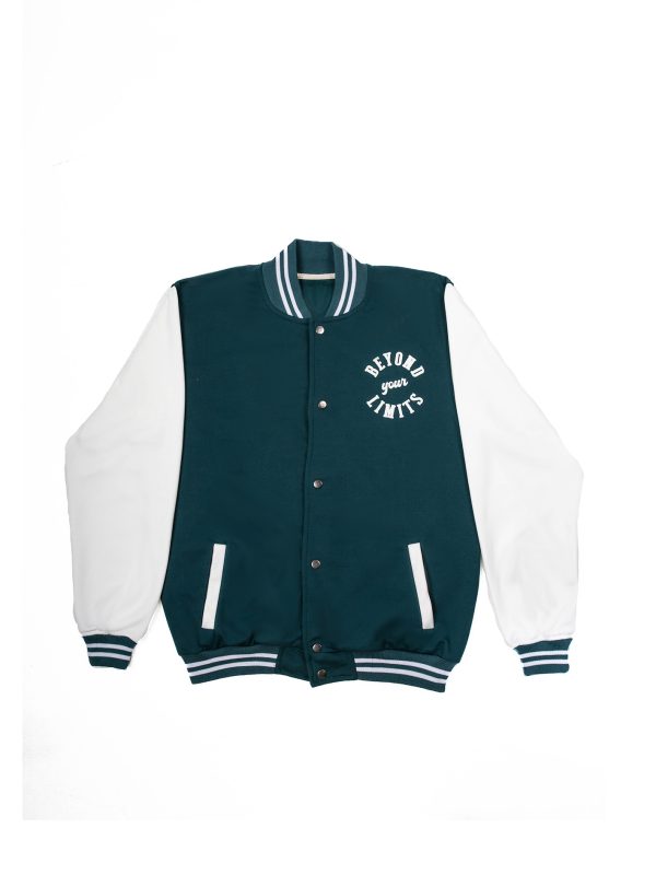 CHAQUETA TIPO COLLEGE BEYOND YOUR LIMITS VERDE-BLANCO
